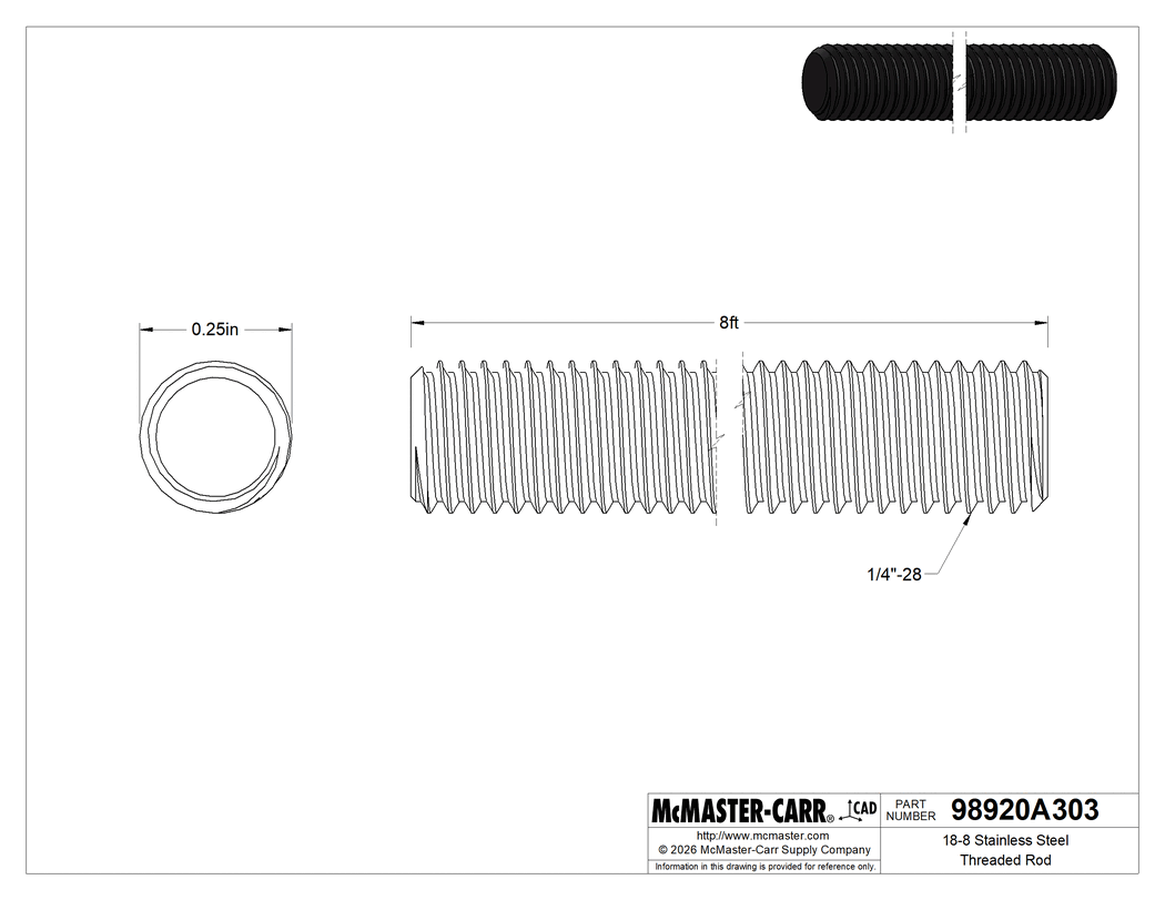 Technical Drawing of 18-8 Stainless Steel Threaded Rod, 1/4"-28 Thread Size, 8 Feet Long.
